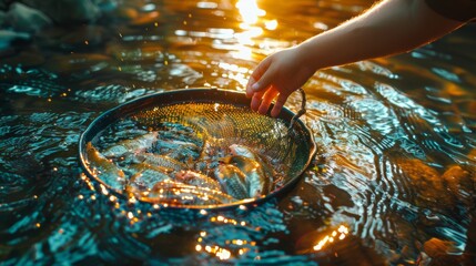 Aufkleber - A person extends a hand to catch fish using a net in calm water during sunset, creating a serene atmosphere filled with reflections and soft light.