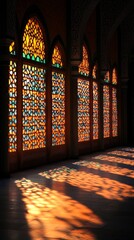 Poster - Gentle sunlight filters through elaborate stained glass windows of a mosque, casting vibrant patterns on the floor. The tranquil atmosphere invites reflection and peace