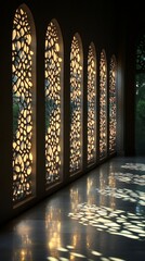 Poster - Soft, golden light filters through beautifully designed arabesque windows, casting delicate shadows on polished surfaces. A peaceful ambiance envelops this serene space, inviting contemplation