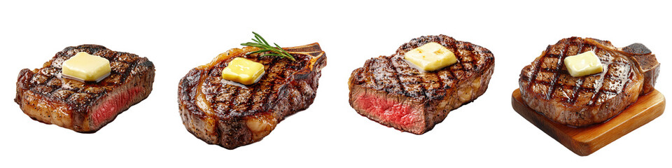 Wall Mural - Grilled steaks with butter on a black background.