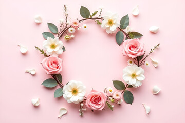 Wall Mural - A minimalist yet romantic flat lay featuring a floral wreath made of pink and white roses, eucalyptus leaves, and delicate wildflowers on a pastel pink background. The wreath is gently arranged, leavi