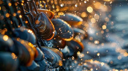 Poster - Mussels cling tightly to the rocky shoreline during sunset, reflecting warm colors as water splashes and droplets create a glimmering effect around them.