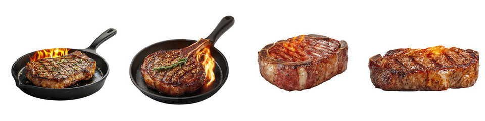 Wall Mural - Grilled steaks in various presentations on black background.