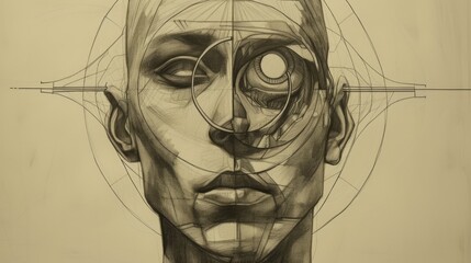 Aufkleber - A highly detailed geometric sketch of a human head with an intricate mechanical eye. The artistic fusion of realism and technology creates a cybernetic, futuristic concept. AI generated.