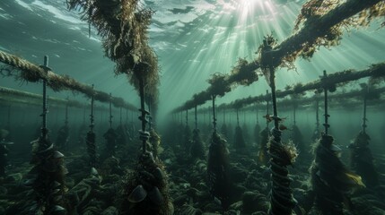 Poster - Underwater view reveals hanging ropes lined with oysters, thriving in a marine farming environment, illuminated by beams of sunlight filtering through the surface.