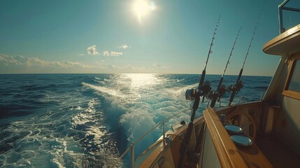 Poster - A fishing boat makes its way across sparkling blue waters, with rods set up for fishing. Bright sunlight glimmers on the ocean's surface, creating a peaceful ambiance.