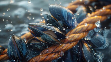 Poster - Mussels cling tightly to a thick rope submerged in calm waters, with small bubbles rising around them. The early morning light highlights their glossy shells.
