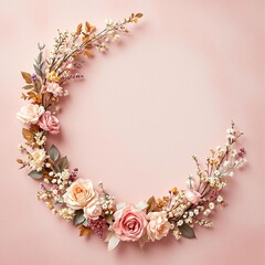 Wall Mural - A vintage-inspired Mother’s Day flat lay featuring a floral wreath on a dusty pink textured background. The wreath is crafted from dried flowers, soft roses, and lace ribbons, giving it a nostalgic