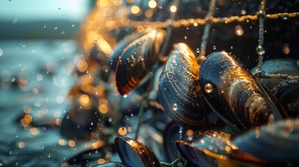 Poster - Bubbles rise as sunlight highlights mussels clinging to a fishing net by the shore. Water droplets shimmer, capturing the essence of marine life at dawn.