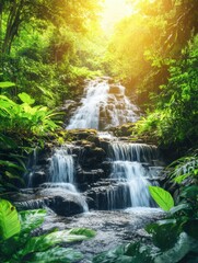 Poster - Waterfall cascades through lush jungle greenery under warm sunlight in a serene natural setting. Generative AI