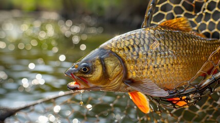 Aufkleber - A fisherman successfully reels in a colorful fish, showcasing its sharp scales and glistening body while droplets of water fall back into the river. Surrounding the scene is a peaceful backdrop.