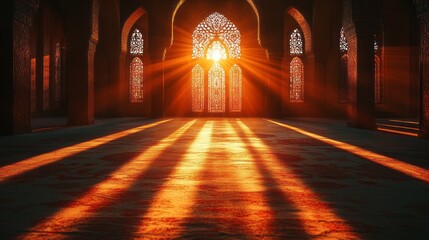 Poster - In the early morning light, warm rays illuminate the elegant architecture of the mosque, casting beautiful shadows on the floor. The intricate designs invite contemplation and tranquility