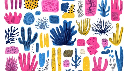 colorful stylized sea plants illustration, white background, design element
