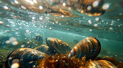 Poster - Colorful mussels are visible on the sandy seabed, surrounded by bubbles rising to the surface, with sunlight filtering through clear ocean waters, creating a serene underwater atmosphere.