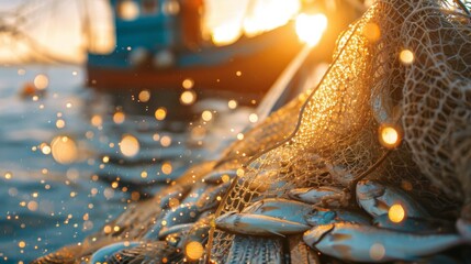 Poster - Fresh fish rest in a fishing net, sparkling with droplets as the sun sets over the calm ocean waters, casting a warm golden glow on a nearby colorful fishing boat.