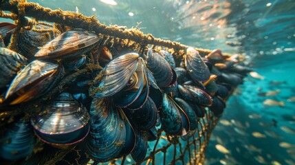 Poster - Mussels cluster along a fishing net while fish swim peacefully in the clear blue water above, showcasing the underwater ecosystem's diversity and beauty.
