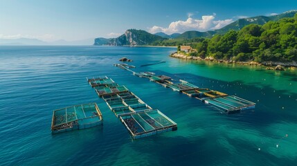 Poster - Fish farming facilities are seen floating in crystal clear waters, surrounded by lush green mountains and a peaceful coastline, reflecting a serene midday atmosphere.