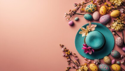 Arafed hat adorned with flowers and eggs set against a vibrant pink background, showcasing a blend of tradition and festive colors.