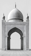 Poster - A stunning gray mosque archway stands tall, featuring intricate carvings and a domed roof. The serene atmosphere invites reflection and prayer, embodying the essence of Islamic artistry
