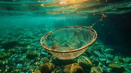 Poster - A fishing net floats underwater among colorful stones and plants, illuminated by sunlight filtering through the surface, creating a serene aquatic environment.