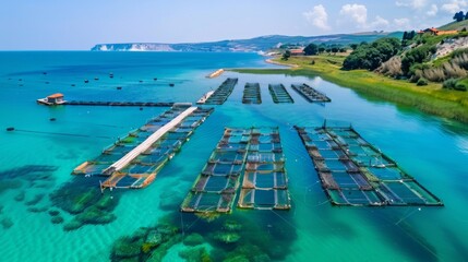 Poster - Lush green hills surround extensive aquaculture platforms floating in calm turquoise waters, showcasing the harmony of nature and cultivation in a serene coastal landscape.