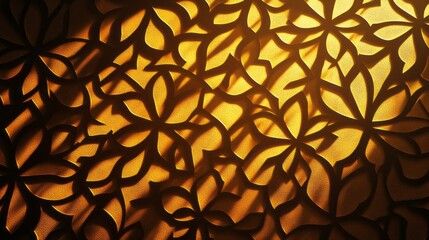 Poster - Delicate arabesque shadows weave a captivating tapestry against a glowing golden surface, creating a serene atmosphere. The intricate patterns evoke a sense of tranquility and artistry