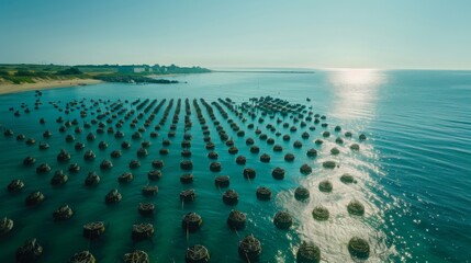Poster - Thick wooden structures create a mesmerizing pattern in the shallow waters, reflecting the warm hues of sunset near a tranquil coastal settlement.
