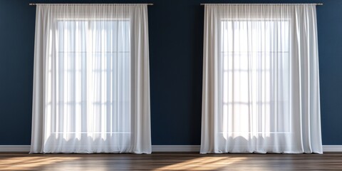 Wall Mural - Sunlight streams through sheer curtains in a room with dark blue walls and hardwood floor