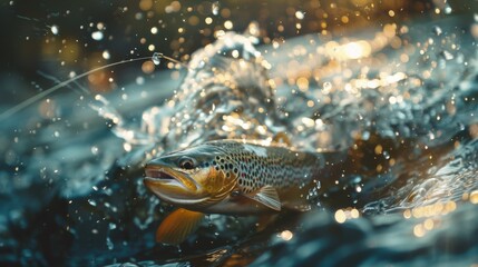Fototapete - A brown trout splashes in clear water, droplets flying in the morning light as an angler attempts to reel it in while enjoying a tranquil fishing trip along a serene river.
