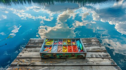 Aufkleber - A beautifully arranged tackle box filled with vibrant fishing lures sits on a rustic wooden dock. The calm lake mirrors fluffy clouds, creating a tranquil setting at midday.