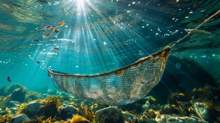 Poster - A net suspended underwater captures small fish as sunlight filters through the water, illuminating aquatic plants and creating a peaceful atmosphere in a vibrant ecosystem.