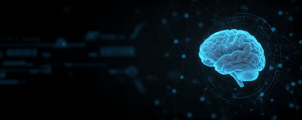 Poster - Futuristic digital brain hologram on dark background. Neuroscience and artificial intelligence concept. Future of medicine and cognitive science visualization.