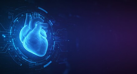 Futuristic 3D hologram of human heart with digital interface. Advanced cardiology, telemedicine, and AI-assisted diagnosis concept in blue tones