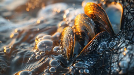 Poster - Shellfish are seen tucked into the ocean floor as gentle waves wash over them, capturing the shimmering light of sunset and highlighting the bubbles around their shells.