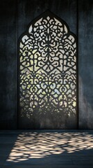 Poster - Delicate arabesque designs cast enchanting shadows on the dark wall, creating a mesmerizing interplay of light that enhances the room's ambiance at dusk