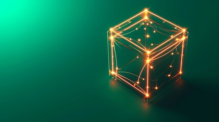 Fototapete - A futuristic 3D render of a glowing wireframe cube with bright golden light nodes on a gradient green background, evoking high-tech and digital concepts. AI generated.