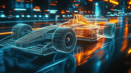 Poster - Futuristic Formula 1 Race Car: A Wireframe Design on a Neon Track