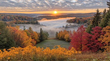 Sticker - Autumn sunrise over misty valley, fall foliage