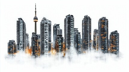 Wall Mural - Cityscape, fog, skyscrapers, tower, urban, morning,  travel, poster