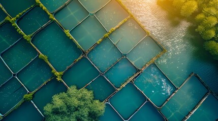 Poster - This aerial perspective captures the intricate layout of aquaculture ponds, framed by vibrant green trees, under the warm glow of the setting sun.