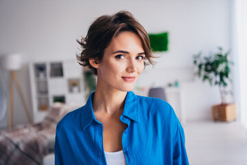 Wall Mural - Portrait of positive stunning young lady good mood enjoy free time morning spacious bright house inside