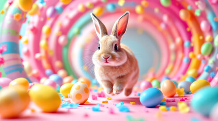 Wall Mural - Playful Bunny Leaping Through Colorful Easter Egg Tunnel in Pastel Wonderland. Easter concept