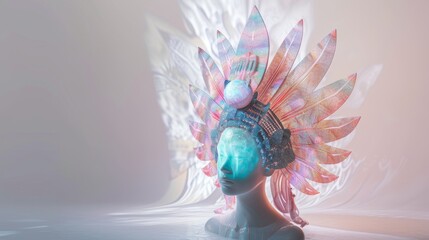 Aufkleber - A surreal AI-generated portrait of a figure wearing an intricate, futuristic headdress with pastel tones, glowing effects, and abstract patterns. Perfect for modern and conceptual art themes. AI