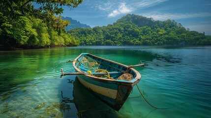 Poster - A vibrant wooden boat floats in crystal clear waters surrounded by lush green forested hills, capturing the peaceful beauty of nature during a sunny day.