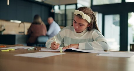 Poster - Learning, girl and writing homework in home for creative assignment, knowledge development and study. Student, papers and homeschool project for education, assessment and exam notes at dining table