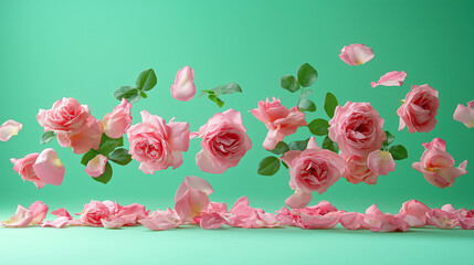 Wall Mural - Floating Pink Roses and Petals on Vibrant Green Background: A Floral Symphony in Motion.