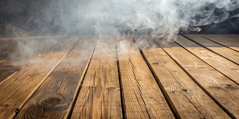 Poster - Wisps of smoke curl gently above a rustic wooden floor, illuminated by soft light, creating a tranquil and atmospheric environment that evokes a sense of calm