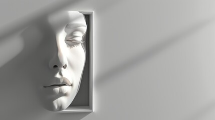 Aufkleber - A minimalist AI-generated sculpture of a serene face within a white frame, emphasizing simplicity and elegance with soft shadows and clean lines. Ideal for modern decor. AI generated.