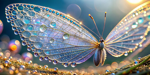 Poster - A butterfly with iridescent wings sits gently on a leaf adorned with dewdrops, with sunlight filtering through, creating a serene and enchanted morning ambiance