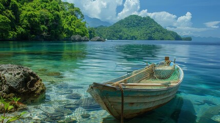 Poster - A small wooden boat floats gently on crystal clear waters, bordered by vibrant green foliage and distant hills under a bright blue sky adorned with fluffy clouds.